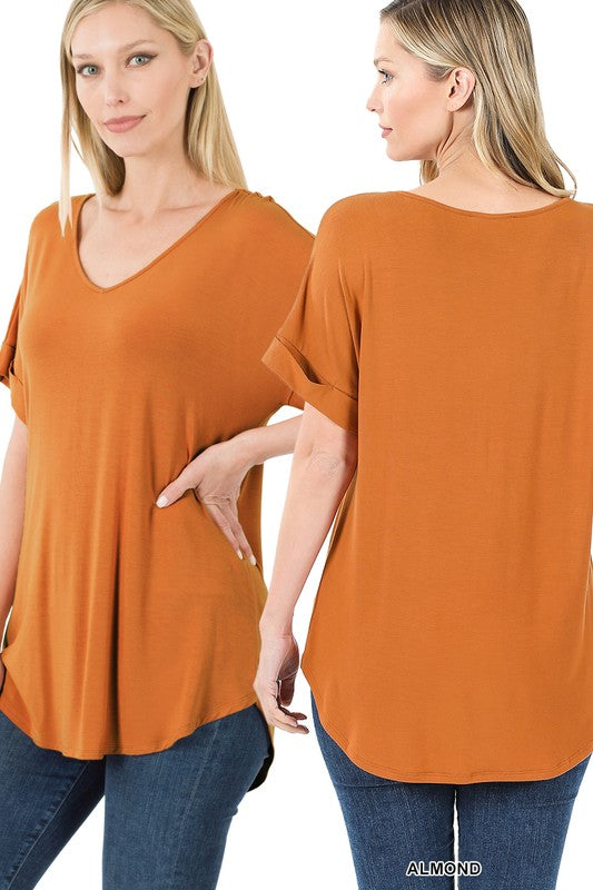 GIGI LUXE RAYON SHORT CUFF SLEEVE V NECK ROUND HEM TOP - Coco and lulu boutique