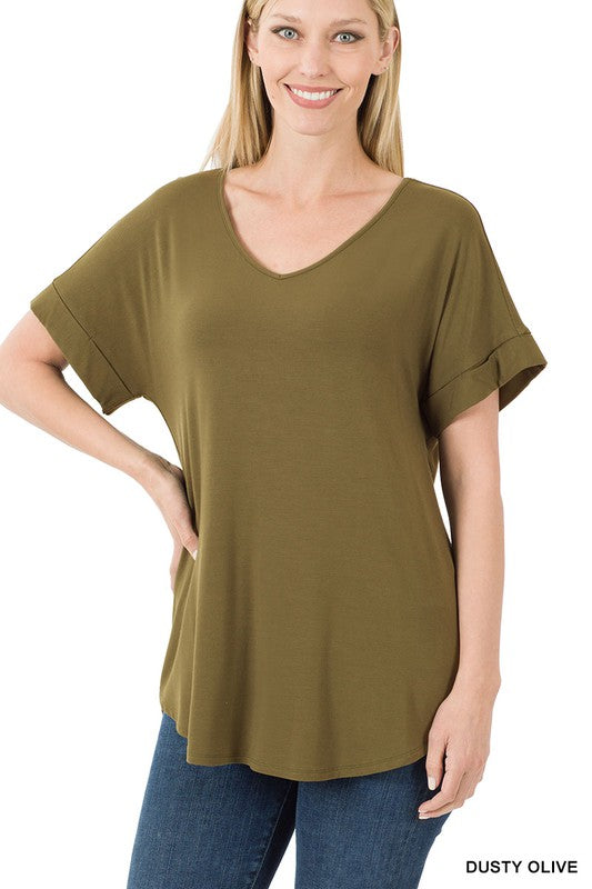 GIGI LUXE RAYON SHORT CUFF SLEEVE V NECK ROUND HEM TOP - Coco and lulu boutique