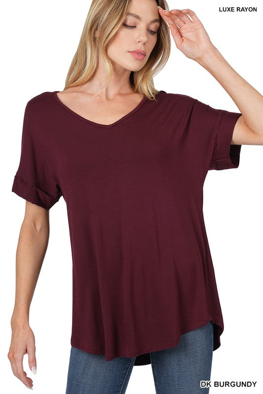 GIGI LUXE RAYON SHORT CUFF SLEEVE V NECK ROUND HEM TOP - Coco and lulu boutique