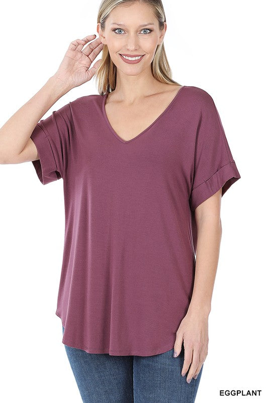 GIGI LUXE RAYON SHORT CUFF SLEEVE V NECK ROUND HEM TOP - Coco and lulu boutique