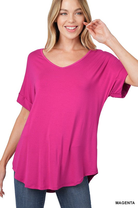 GIGI LUXE RAYON SHORT CUFF SLEEVE V NECK ROUND HEM TOP - Coco and lulu boutique