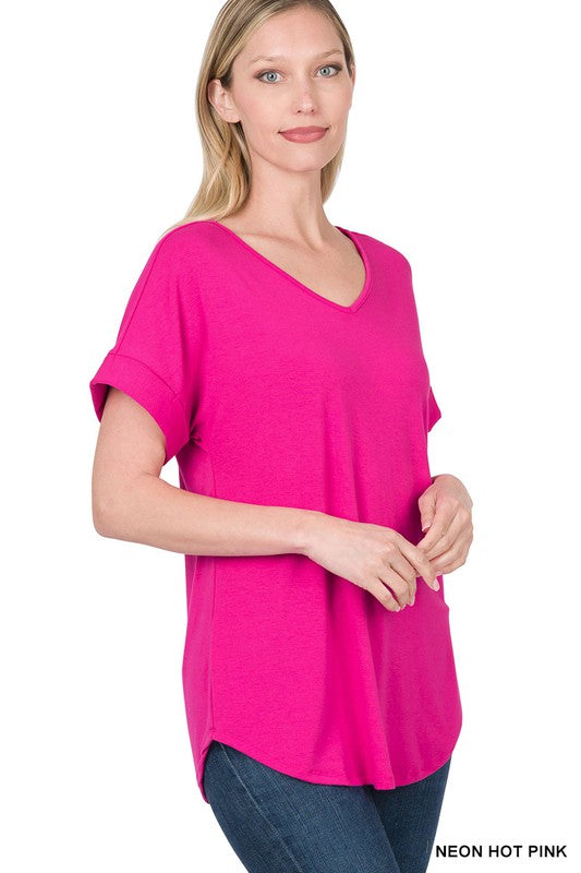 GIGI LUXE RAYON SHORT CUFF SLEEVE V NECK ROUND HEM TOP - Coco and lulu boutique