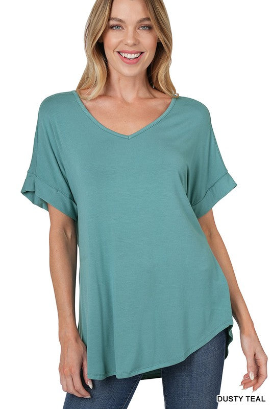 GIGI LUXE RAYON SHORT CUFF SLEEVE V NECK ROUND HEM TOP - Coco and lulu boutique