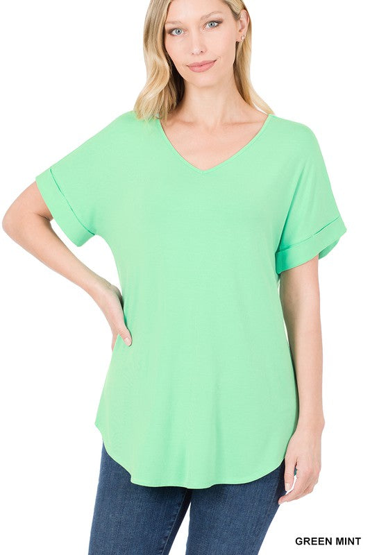 GIGI LUXE RAYON SHORT CUFF SLEEVE V NECK ROUND HEM TOP - Coco and lulu boutique