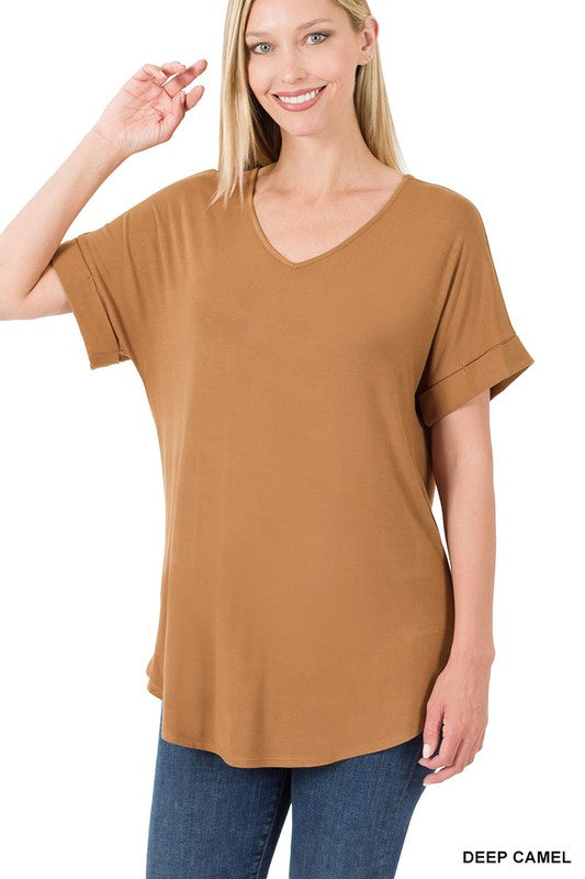 GIGI LUXE RAYON SHORT CUFF SLEEVE V NECK ROUND HEM TOP - Coco and lulu boutique