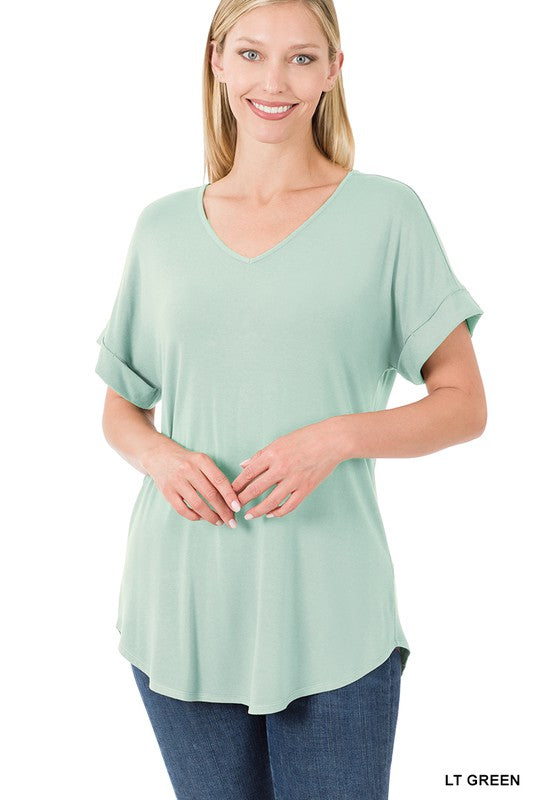 GIGI LUXE RAYON SHORT CUFF SLEEVE V NECK ROUND HEM TOP - Coco and lulu boutique
