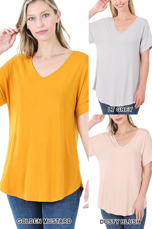 GIGI LUXE RAYON SHORT CUFF SLEEVE V NECK ROUND HEM TOP - Coco and lulu boutique