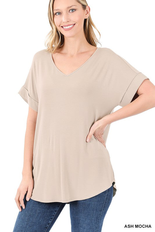 GIGI LUXE RAYON SHORT CUFF SLEEVE V NECK ROUND HEM TOP - Coco and lulu boutique