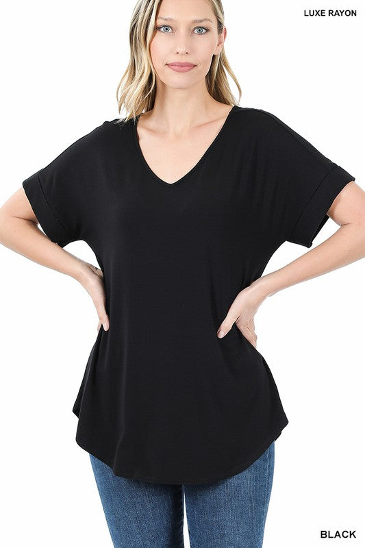 GIGI LUXE RAYON SHORT CUFF SLEEVE V NECK ROUND HEM TOP - Coco and lulu boutique