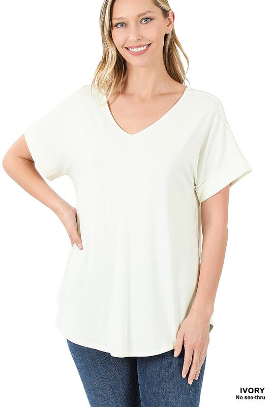 GIGI LUXE RAYON SHORT CUFF SLEEVE V NECK ROUND HEM TOP - Coco and lulu boutique