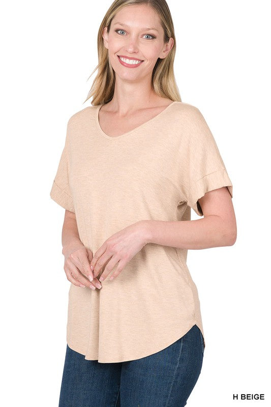 GIGI LUXE RAYON SHORT CUFF SLEEVE V NECK ROUND HEM TOP - Coco and lulu boutique