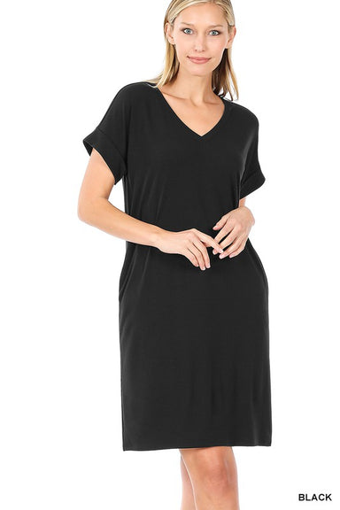 ROLLED SHORT SLEEVE V NECK DRESS - Coco and lulu boutique