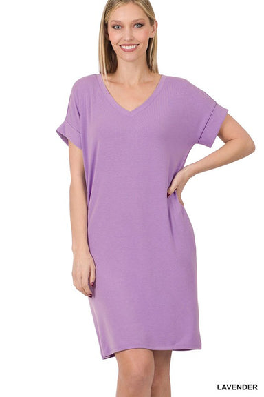 ROLLED SHORT SLEEVE V NECK DRESS - Coco and lulu boutique
