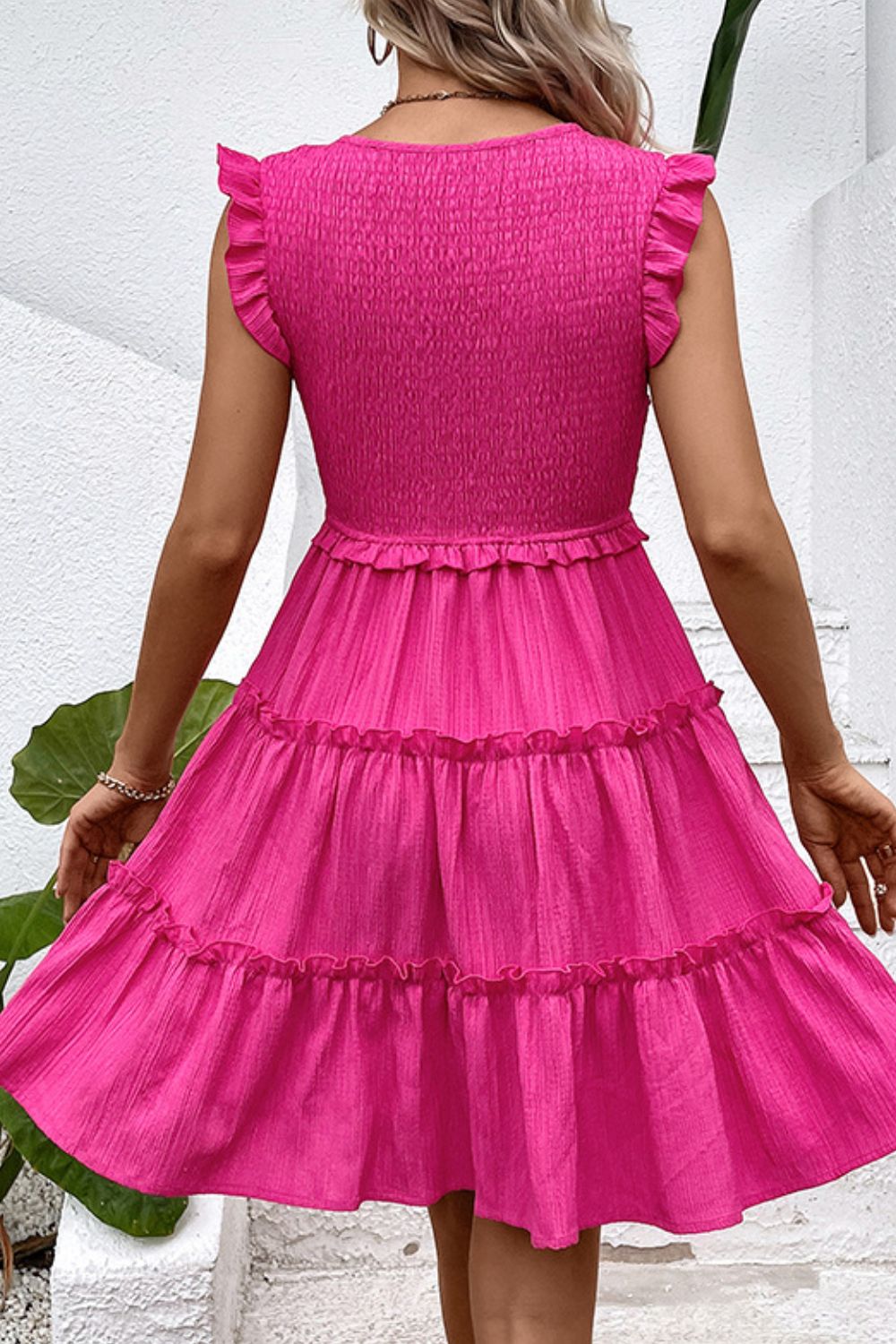 Beverly Smocked Frill Trim Deep V Dress - Coco and lulu boutique