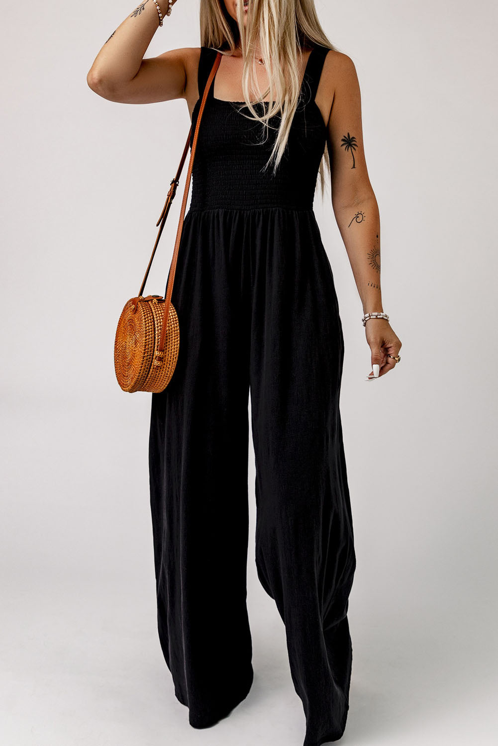 Beth Smocked Square Neck Wide Leg Jumpsuit with Pockets - Coco and lulu boutique