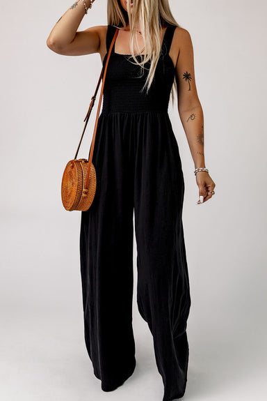 Beth Smocked Square Neck Wide Leg Jumpsuit with Pockets - Coco and lulu boutique