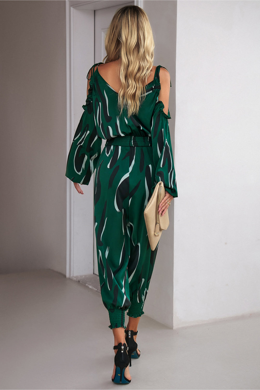 Monique Printed Cold-Shoulder Surplice Neck Jumpsuit - Coco and lulu boutique