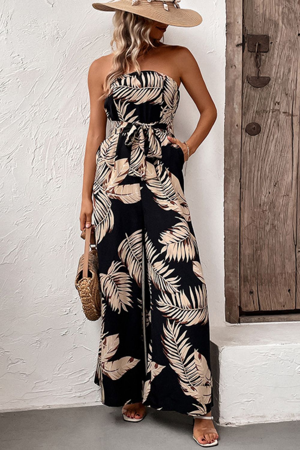 Printed Strapless Wide Leg Jumpsuit with Pockets - Coco and lulu boutique