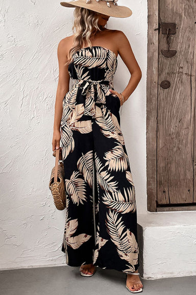 Printed Strapless Wide Leg Jumpsuit with Pockets - Coco and lulu boutique