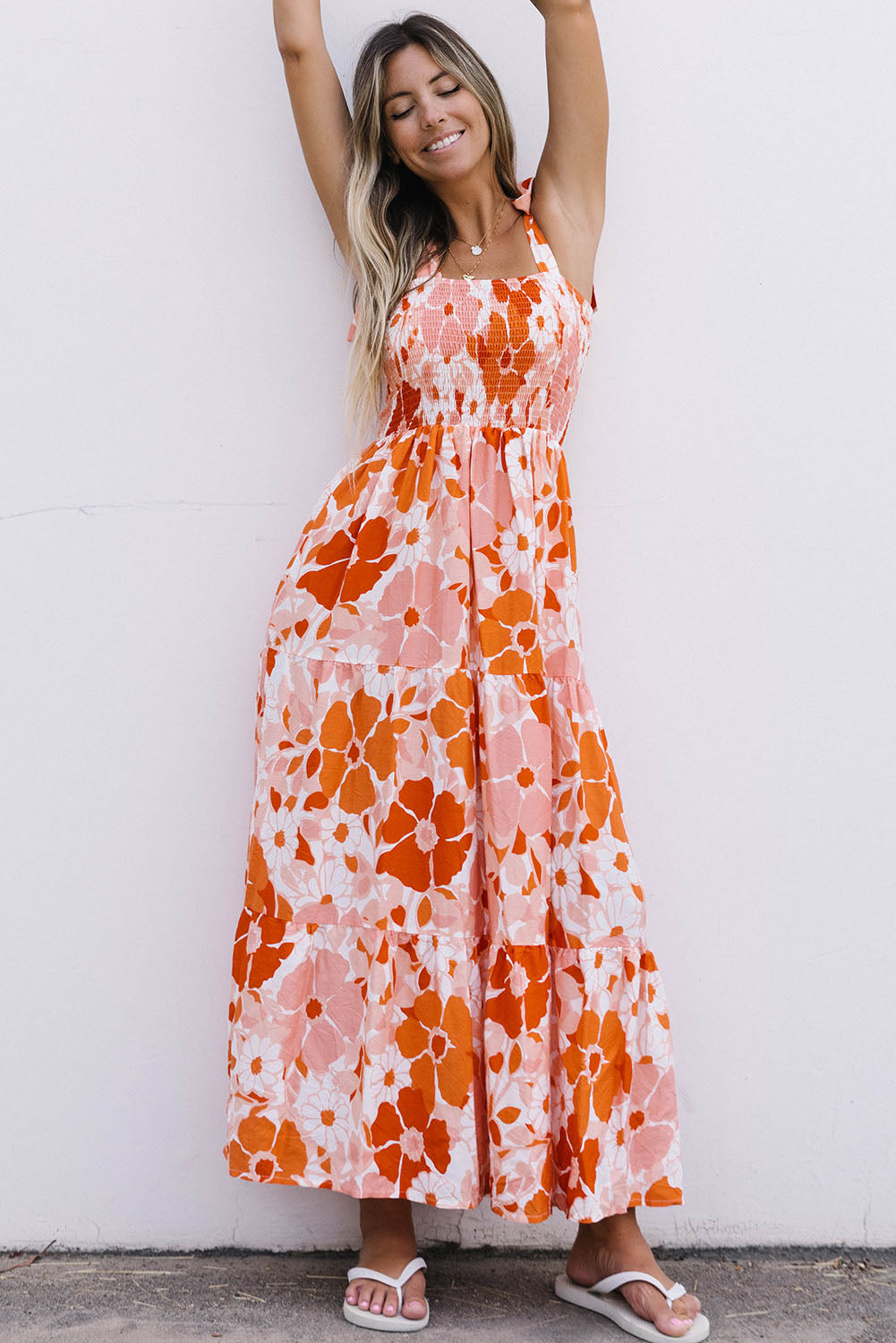 Floral Tie-Shoulder Smocked Maxi Dress - Coco and lulu boutique