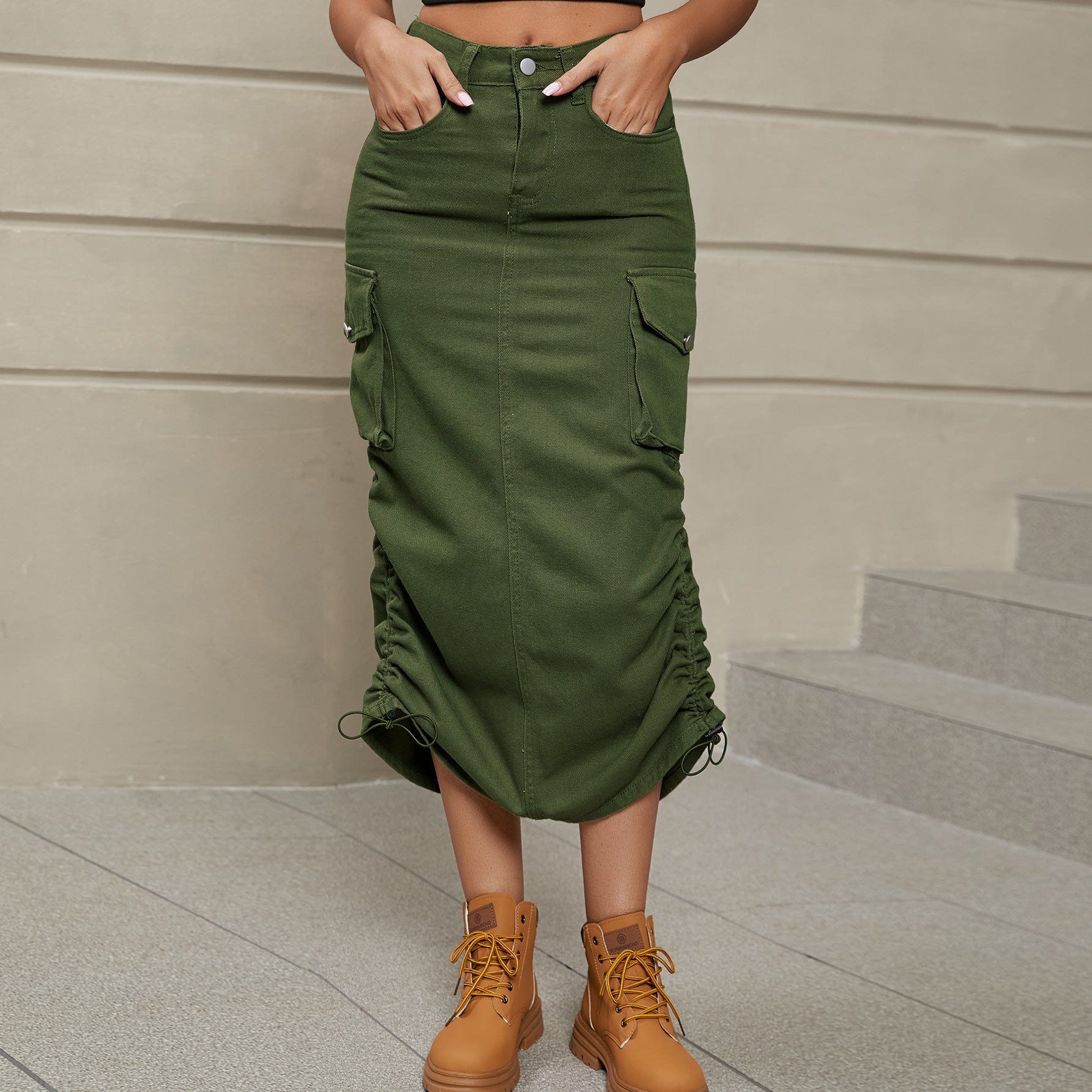 Drawstring Ruched Slit Denim Midi Skirt - Coco and lulu boutique