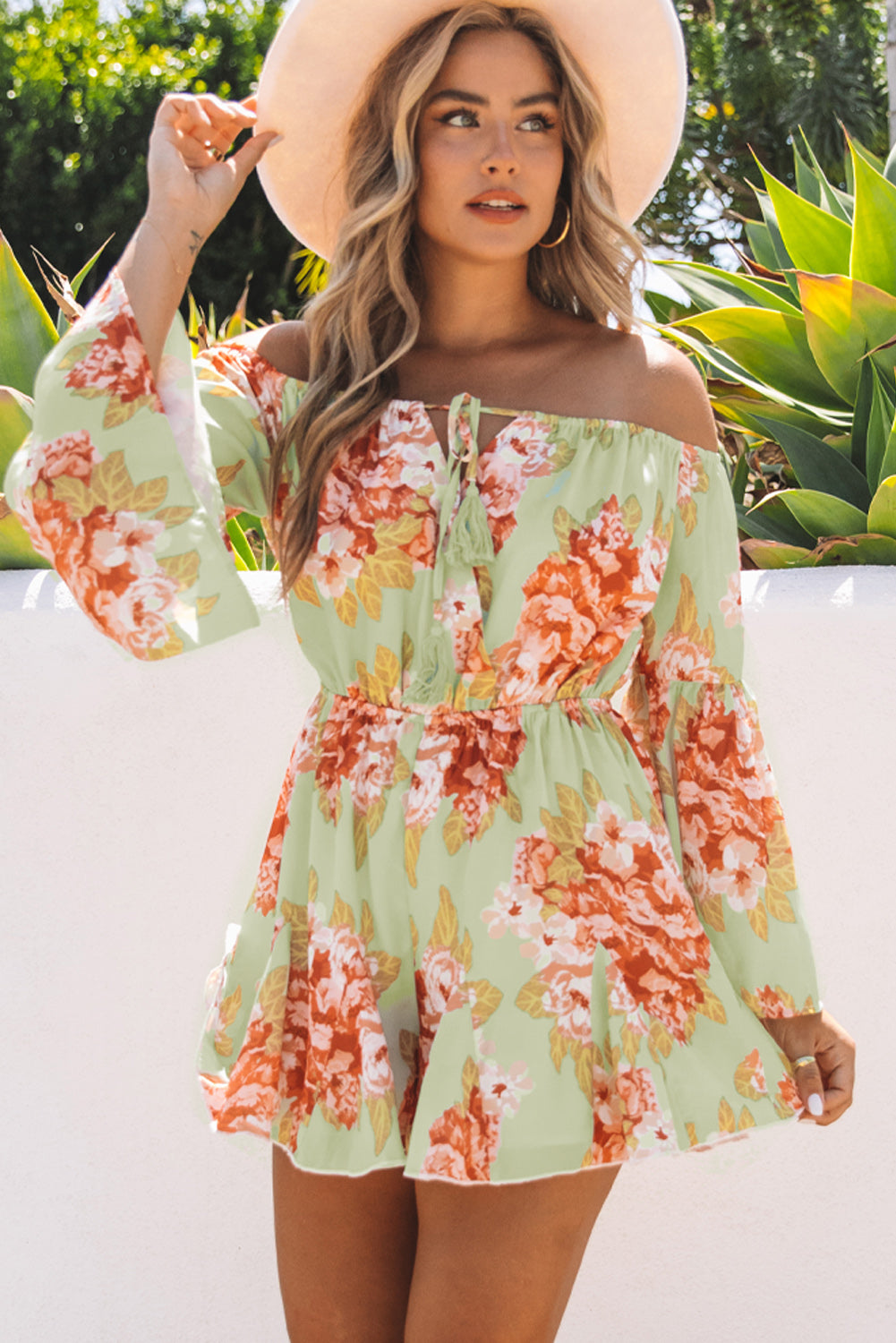 CiCi Floral Off-Shoulder Flare Sleeve Romper - Coco and lulu boutique