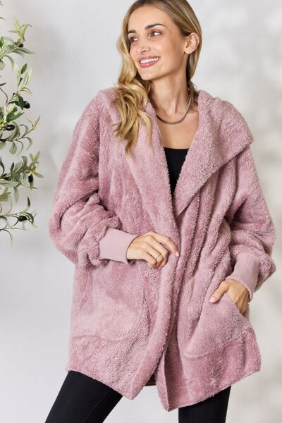 Cozy Faux Fur Open Front Hooded Jacket - Coco and lulu boutique