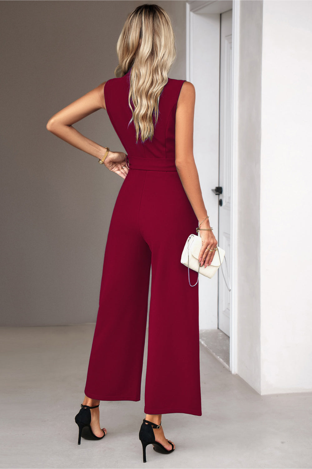 Kim Tie Waist Shawl Collar Sleeveless Jumpsuit - Coco and lulu boutique