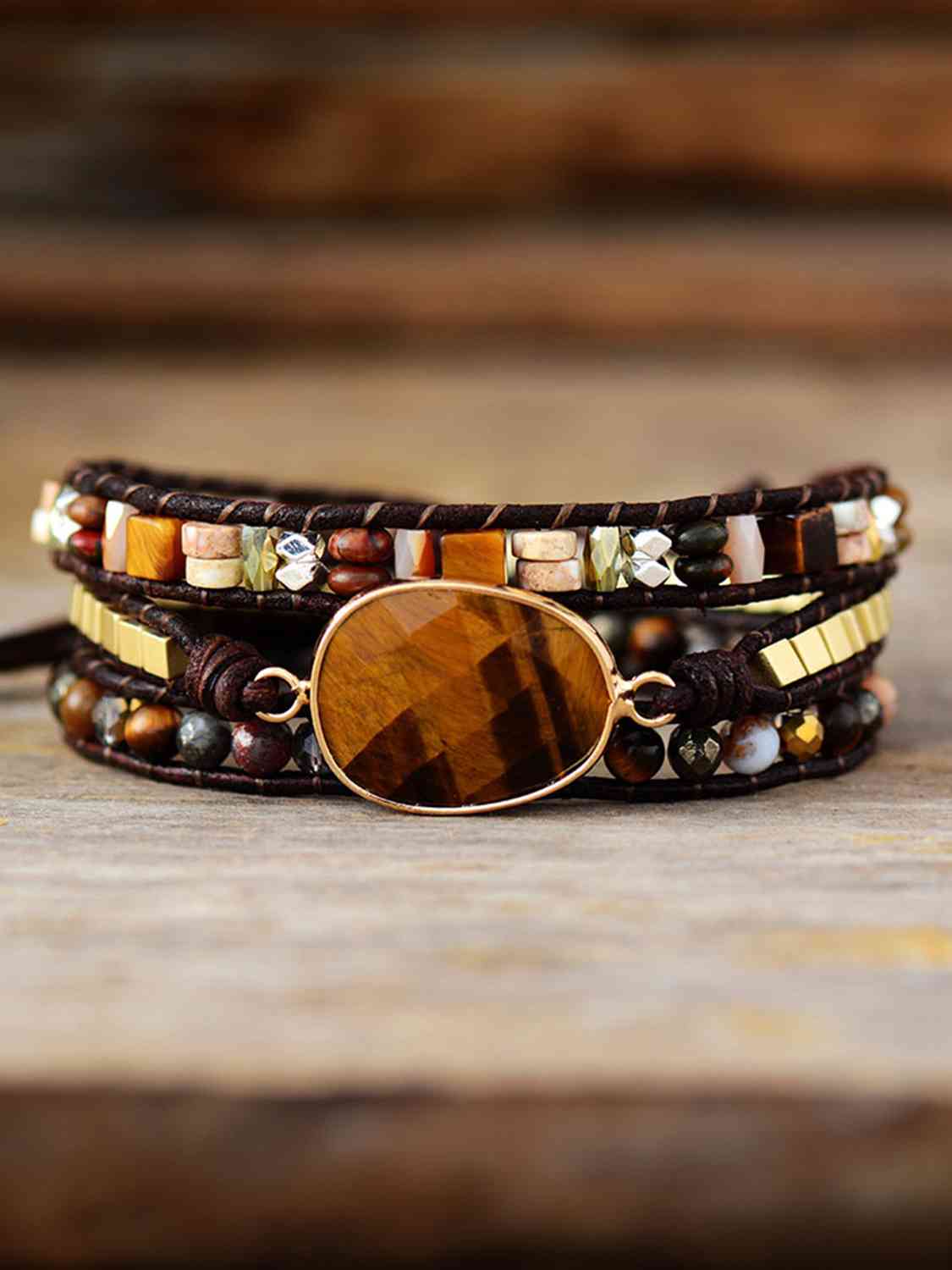 Geometrical Shape Tigers Eye Triple-Layer Wrap Bracelet - Coco and lulu boutique