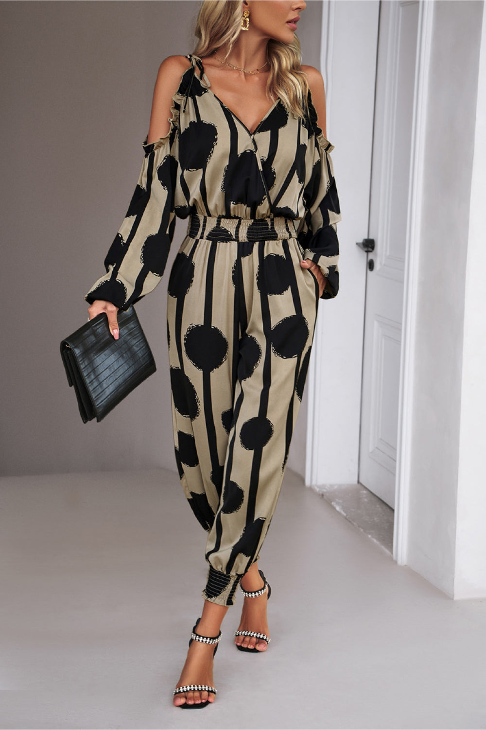 Monique Printed Cold-Shoulder Surplice Neck Jumpsuit - Coco and lulu boutique