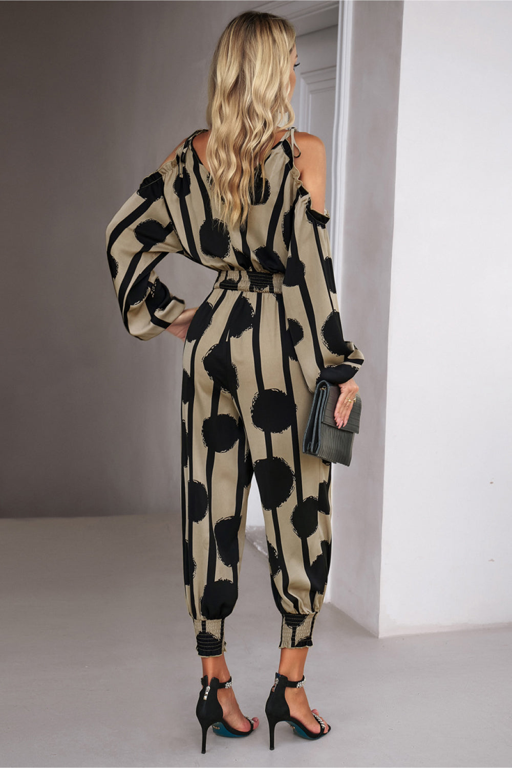Monique Printed Cold-Shoulder Surplice Neck Jumpsuit - Coco and lulu boutique