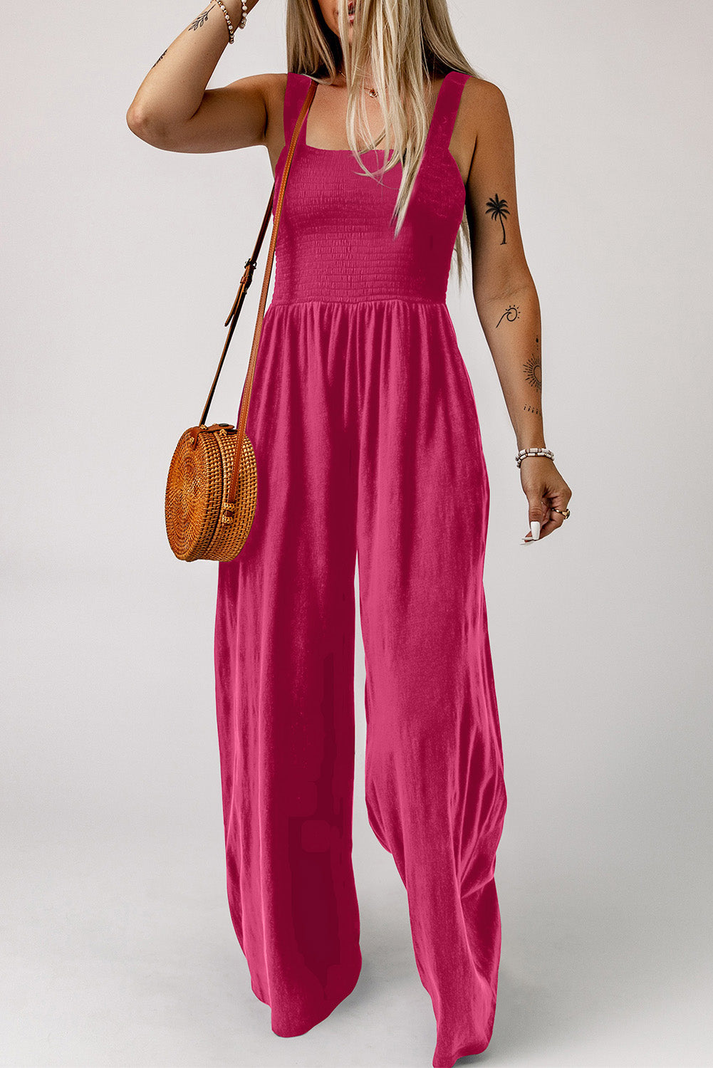 Beth Smocked Square Neck Wide Leg Jumpsuit with Pockets - Coco and lulu boutique