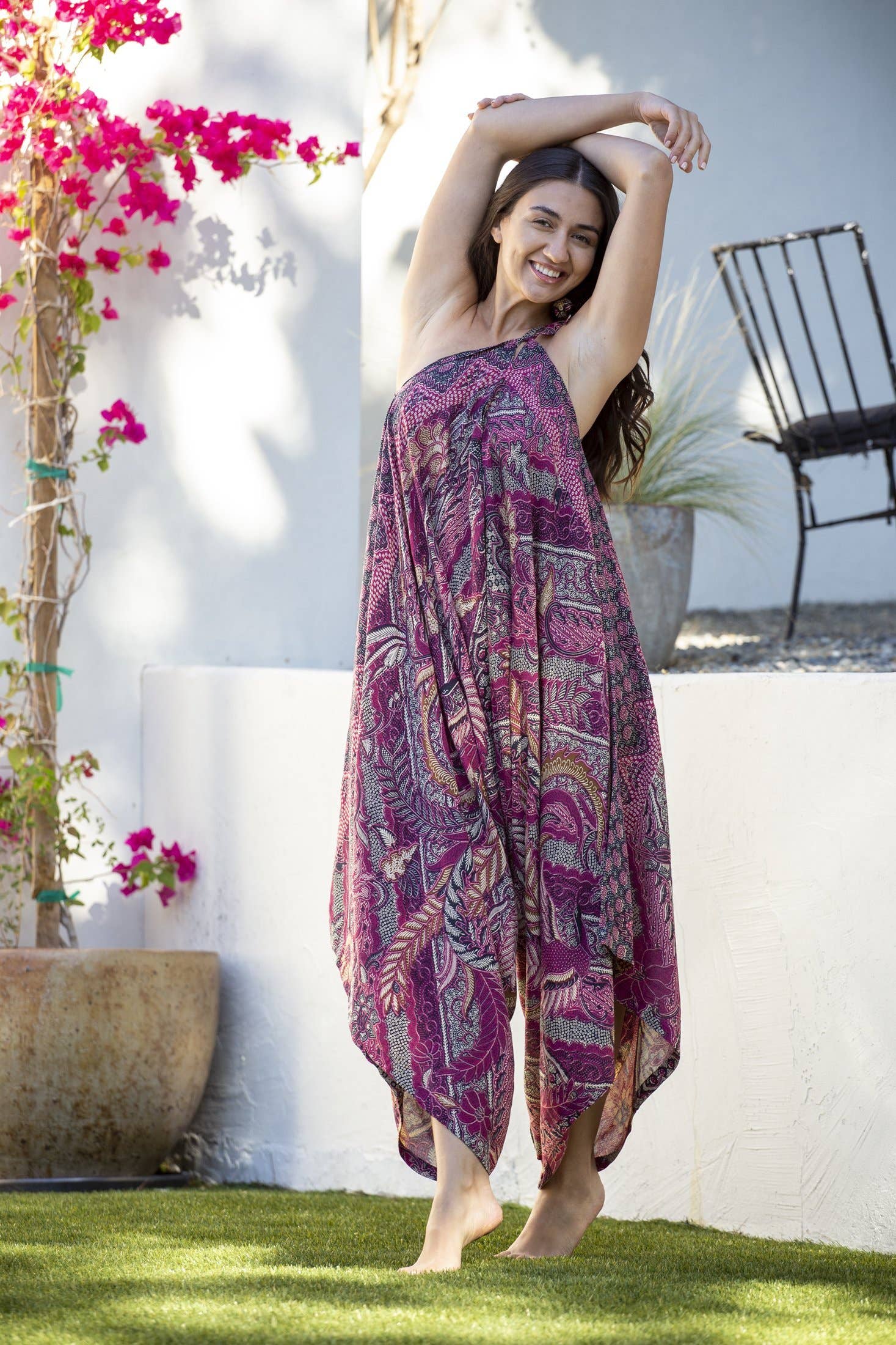 Summer Jumpsuit in Cyprus Wine Leaf Batik No Pocket, Women's Romper to Maxi Beach Wear - Coco and lulu boutique
