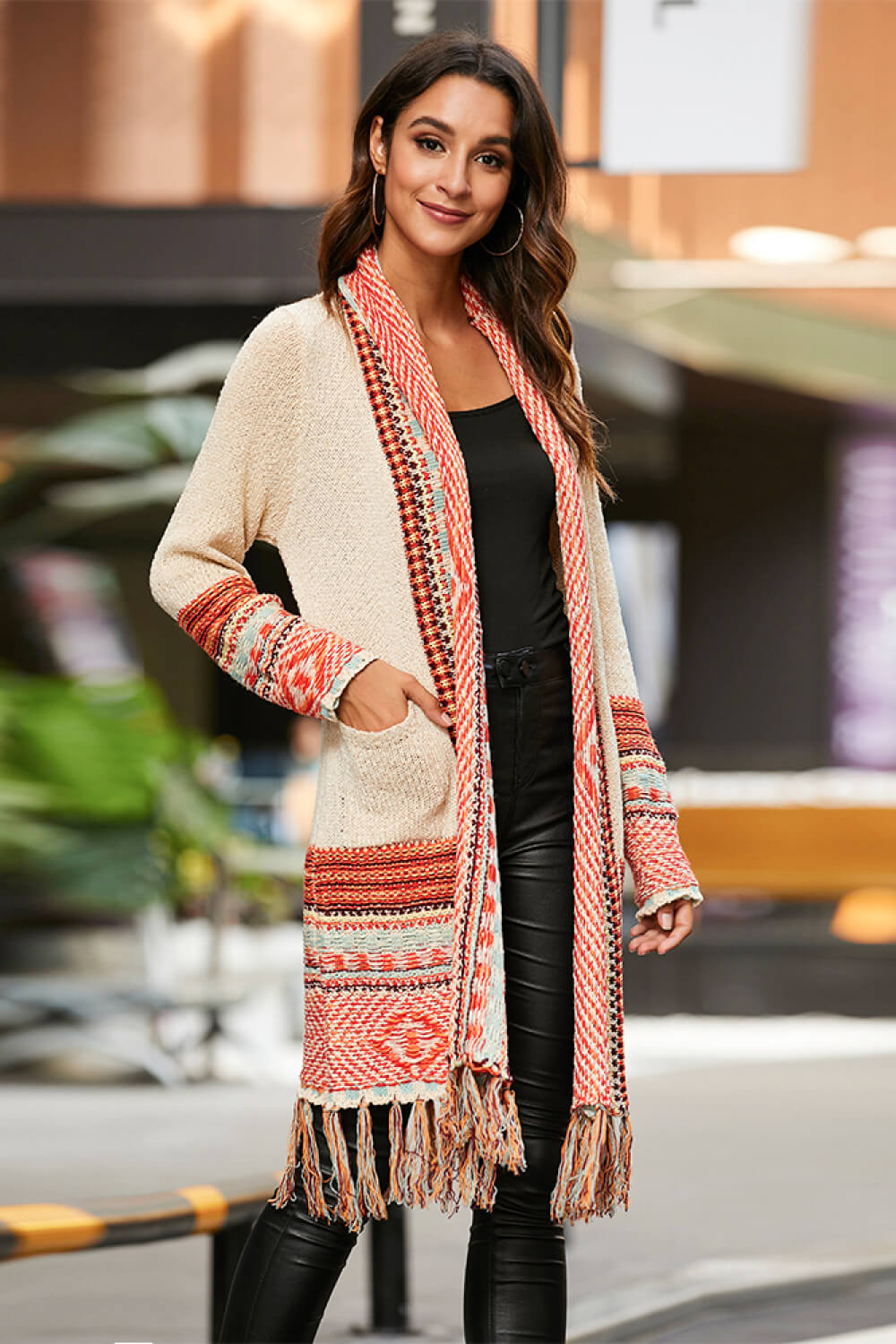 Multicolored Tassel Hem Open Front Cardigan - Coco and lulu boutique