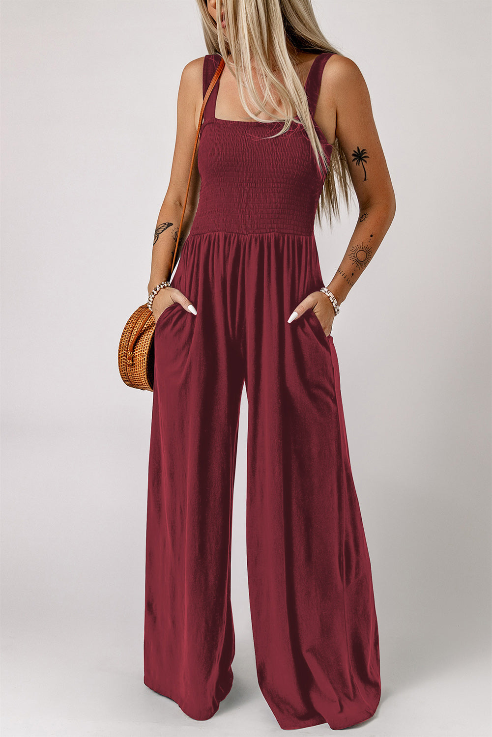 Beth Smocked Square Neck Wide Leg Jumpsuit with Pockets - Coco and lulu boutique