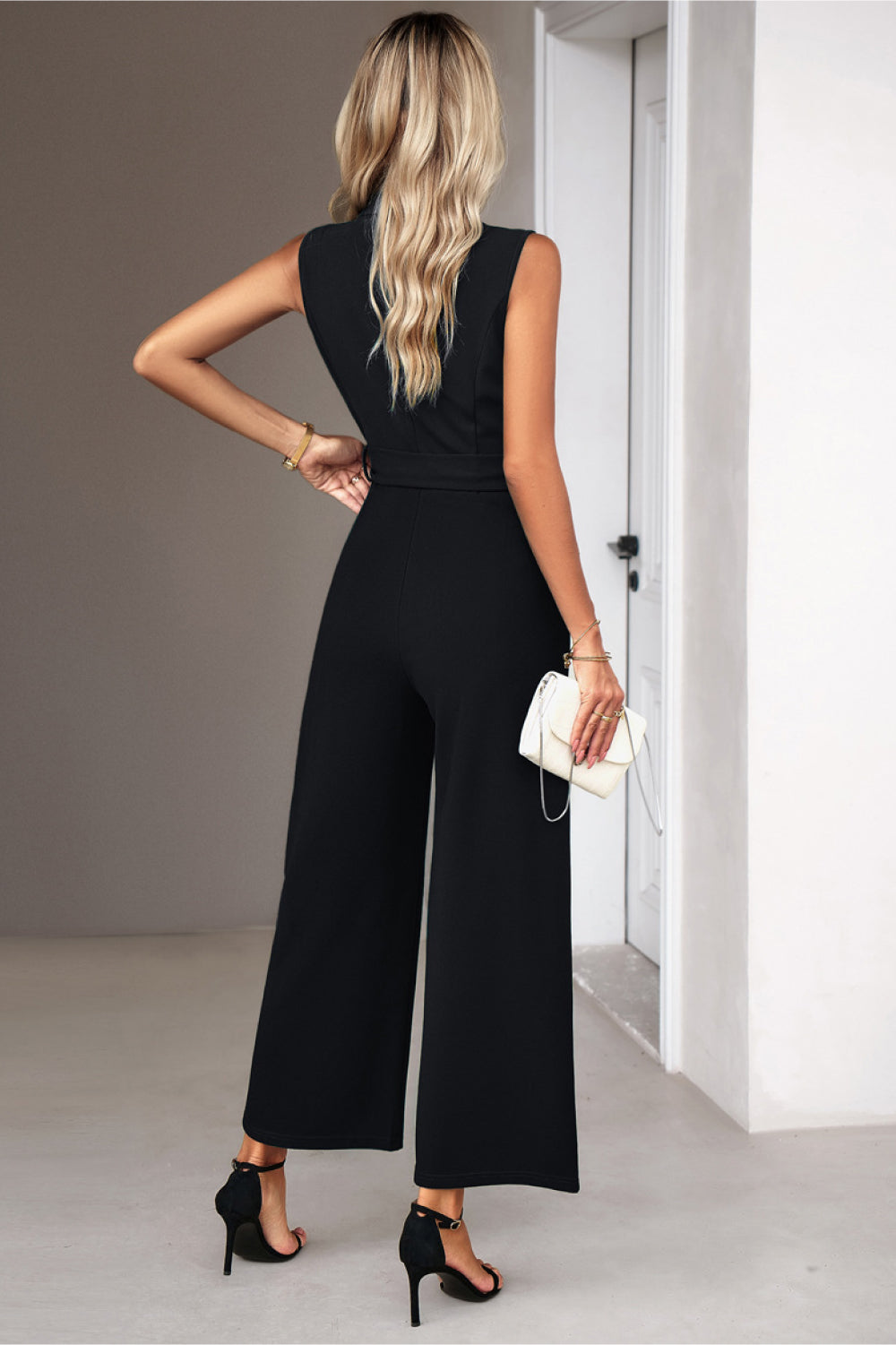Kim Tie Waist Shawl Collar Sleeveless Jumpsuit - Coco and lulu boutique