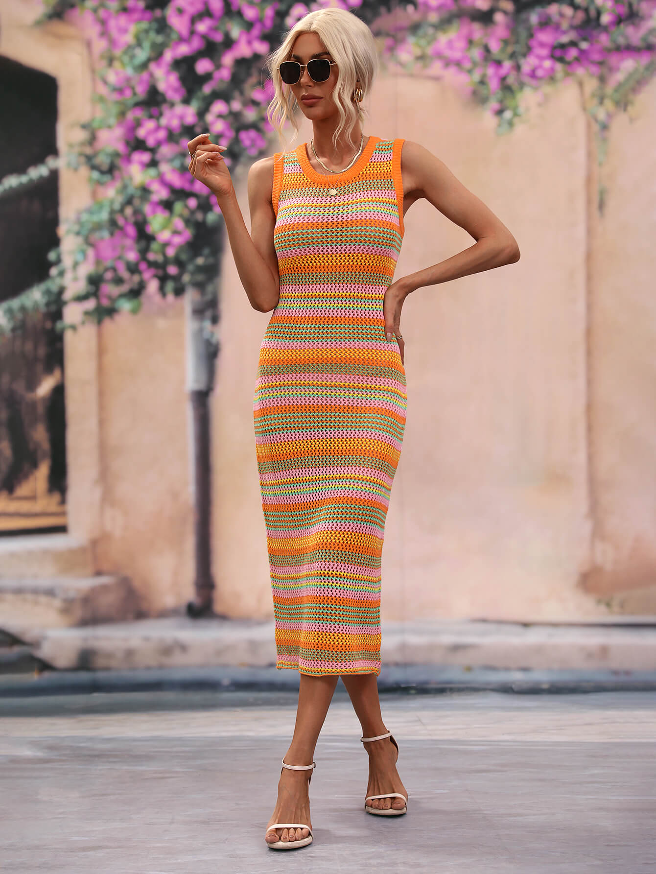 Striped Round Neck Sleeveless Midi Cover Up Dress - Coco and lulu boutique
