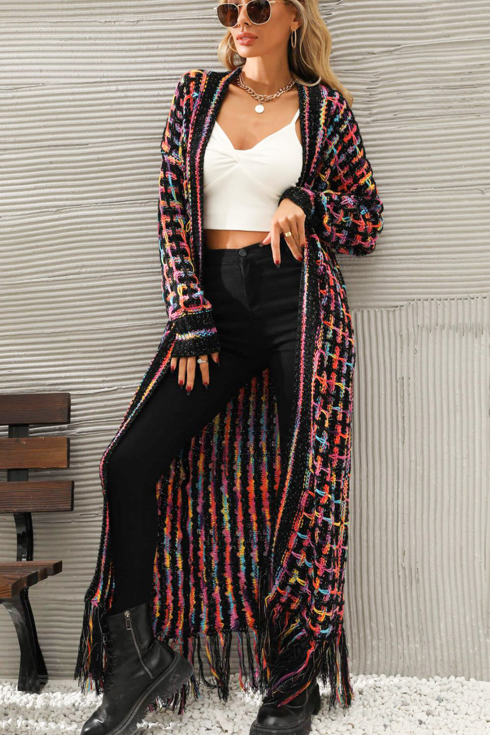 Morgan Multicolored Open Front Fringe Hem Cardigan - Coco and lulu boutique