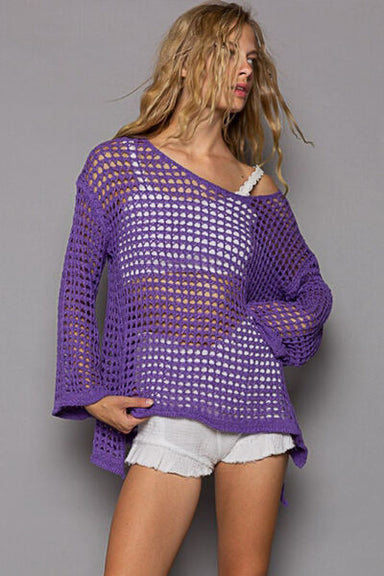Purple Openwork Flare Sleeve Knit Cover Up - Coco and lulu boutique