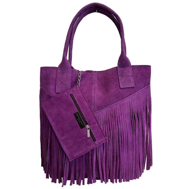 Modarno women's shopper bag in genuine suede with fringe plus jewelry case in the same color - Coco and lulu boutique
