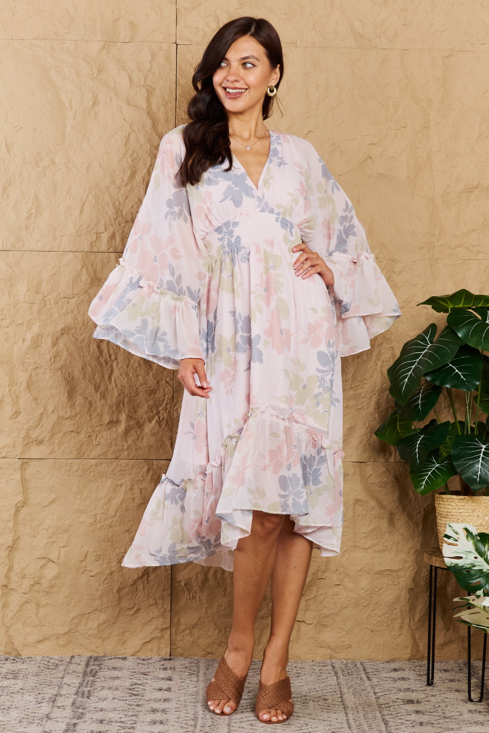 Faith The Right Time Floral Bell Sleeve Midi Dress in Coral - Coco and lulu boutique