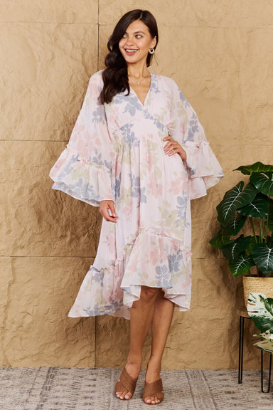 Faith  The Right Time Floral Bell Sleeve Midi Dress in Coral - Coco and lulu boutique
