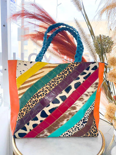 Joli Patchwork Leather Hair on Hide Braided Handle Tote Bag - Coco and lulu boutique