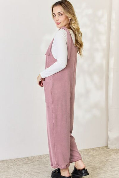Celeste Full Size Ribbed Tie Shoulder Sleeveless Ankle Overalls - Coco and lulu boutique