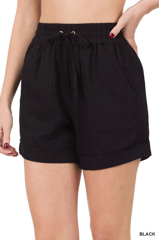 LINEN DRAWSTRING WAIST SHORTS WITH POCKETS - Coco and lulu boutique