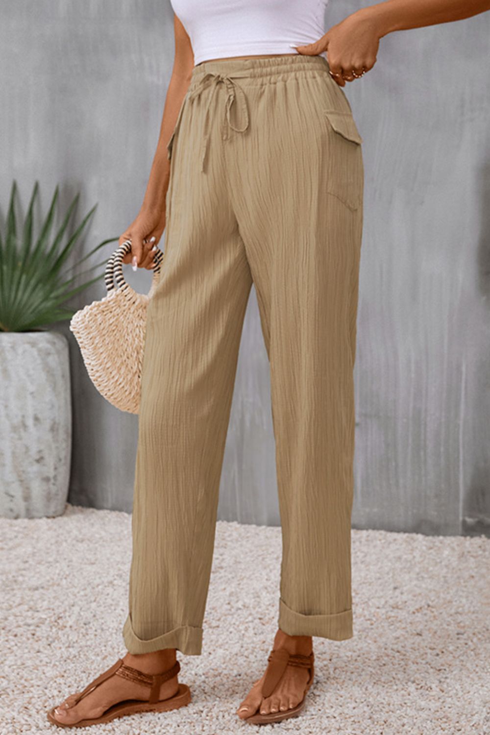 Kris Tie Waist Pocketed Long Pants - Coco and lulu boutique