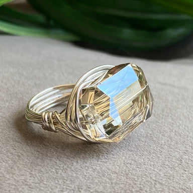 Crystal Silver Ring Champagne Rectangle Wire Wrapped - Coco and lulu boutique