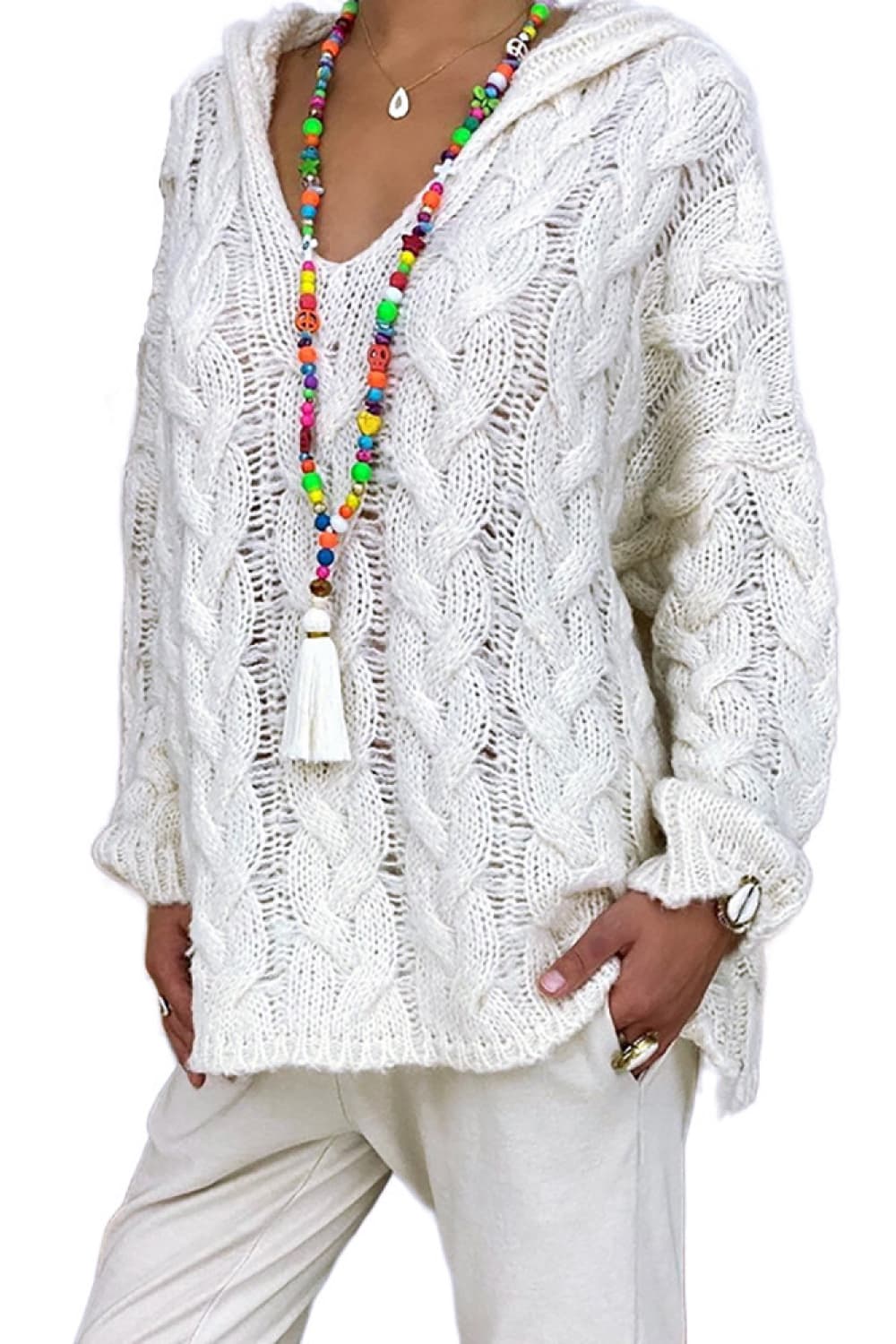 Keely Cable-Knit Hooded Sweater - Coco and lulu boutique