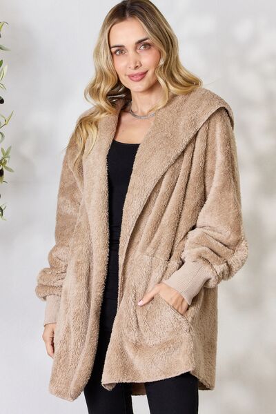 Cozy Faux Fur Open Front Hooded Jacket Taupe - Coco and lulu boutique