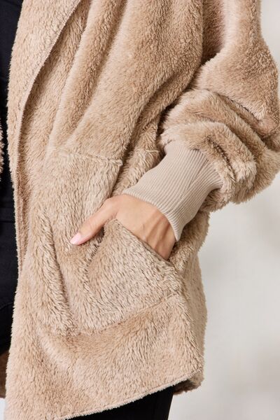 Cozy Faux Fur Open Front Hooded Jacket Taupe - Coco and lulu boutique